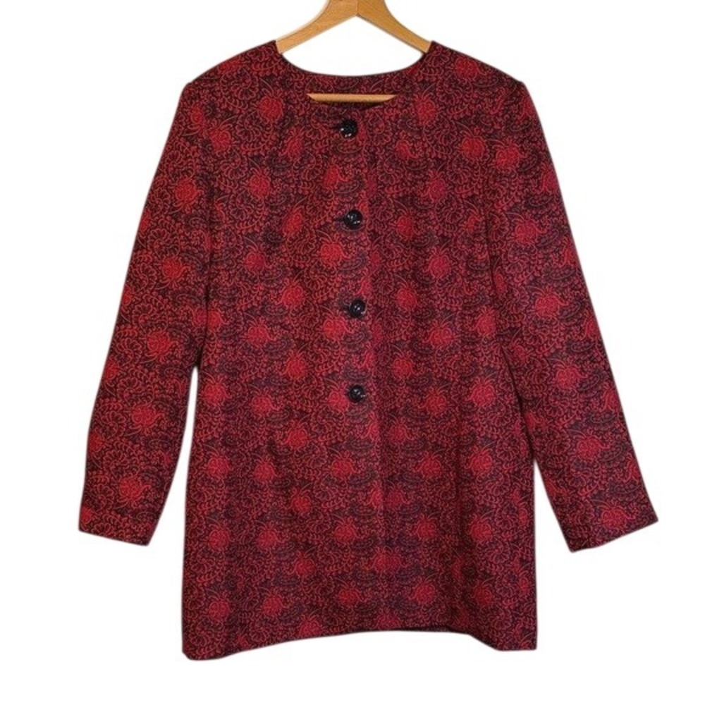 R&K Red Black Floral Brocade Blazer Jacket‎ Size 18 Round Neck Button Front